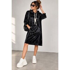 Lilian Black Velvet Hooded Midi Hoodie Dress Pockets Drawstring 3/4 Sleeve M